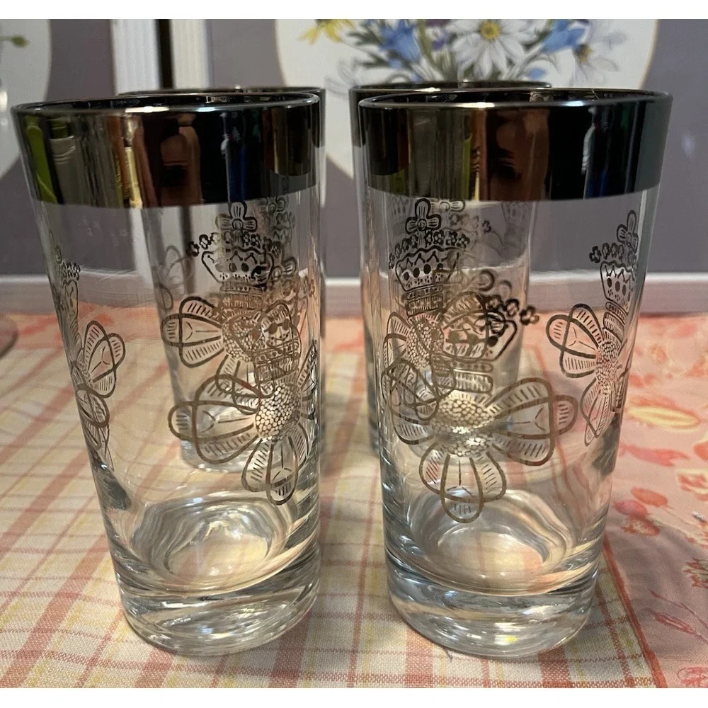 Vtg MCM Hollywood Regency Silver Trim Cross & Crown Bar Glasses Set of 4 Mad Men